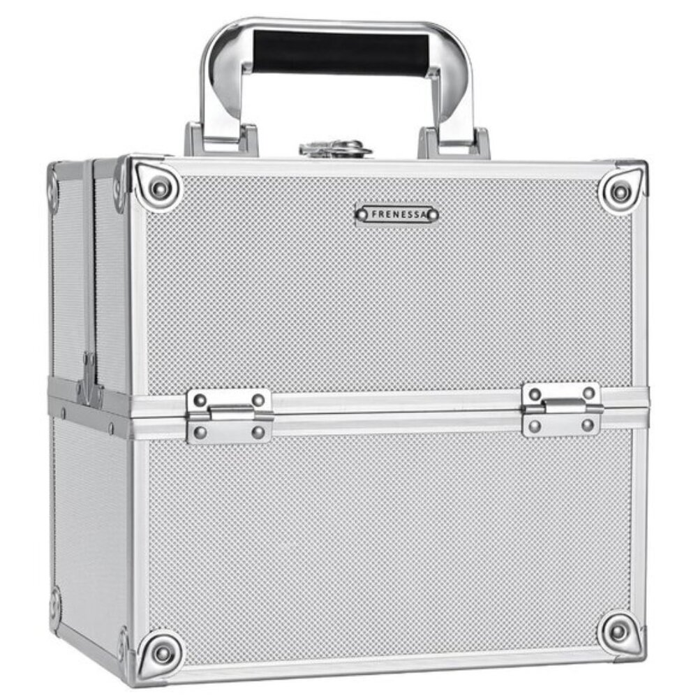 New Bright Silver Makeup Train Case, 4-Tray Lockable Cosmetic Travel Organizer
